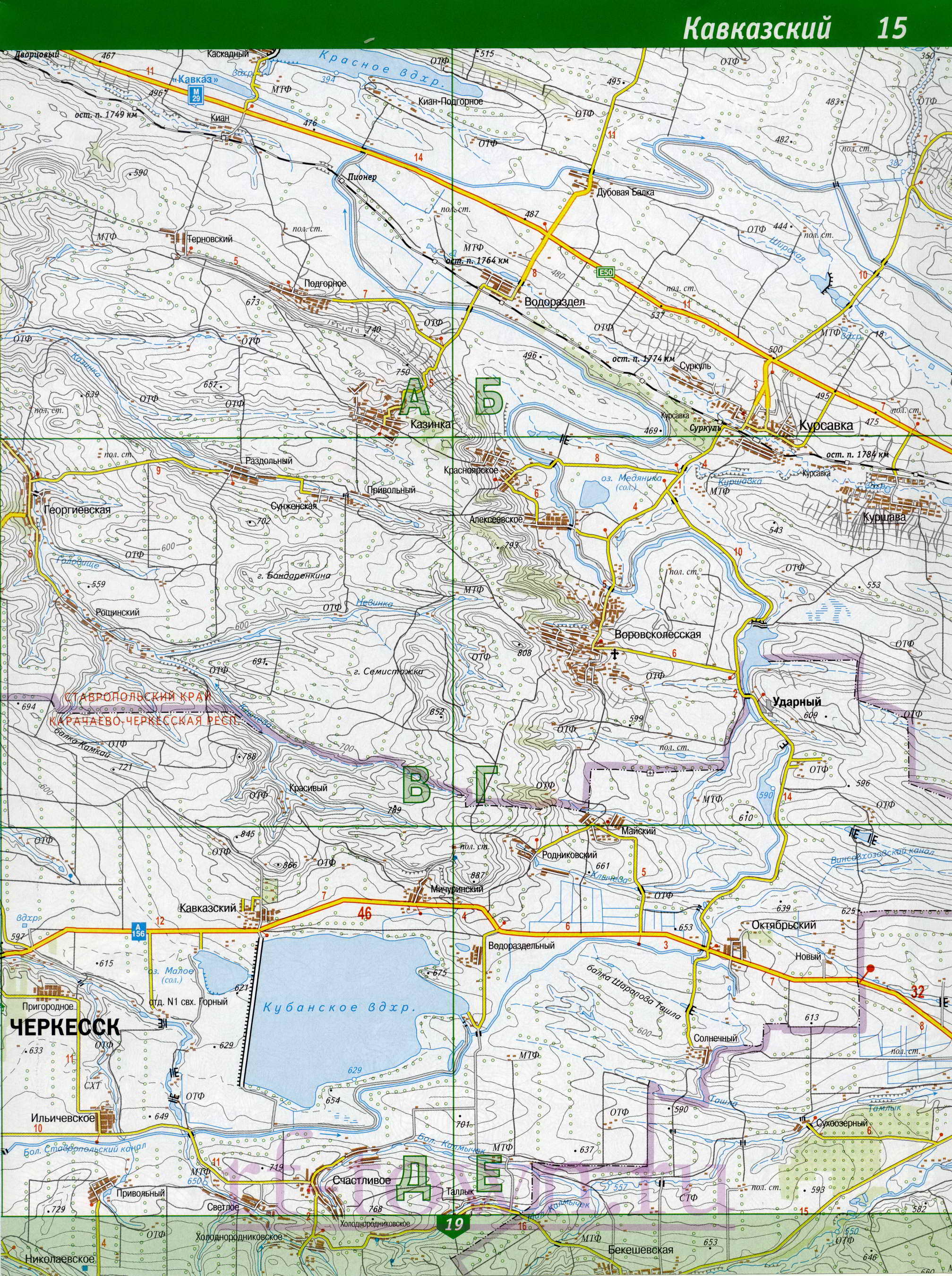 Карта Карачаево-Черкесской республики. Подробная топографическая карта Карачаево-Черкесская республика. Большая карта Карачаево-Черкесии масштаба 1см:2км, D0 - 