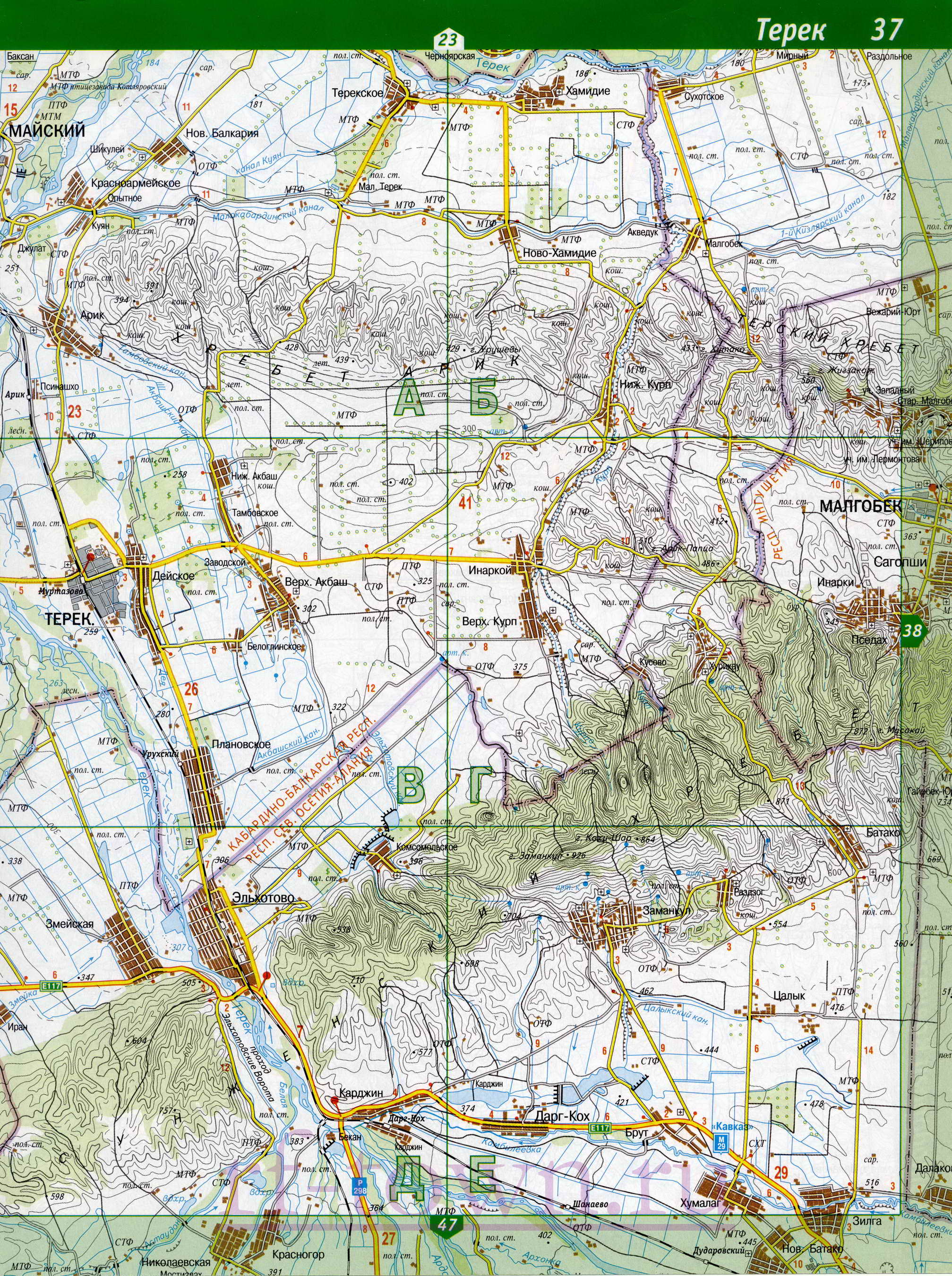 Карта Кабардино-Балкарии. Подробная топографическая карта Кабардино-Балкарии. Карта Кабардино-Балкарии масштаба 1см:2км, D1 - 