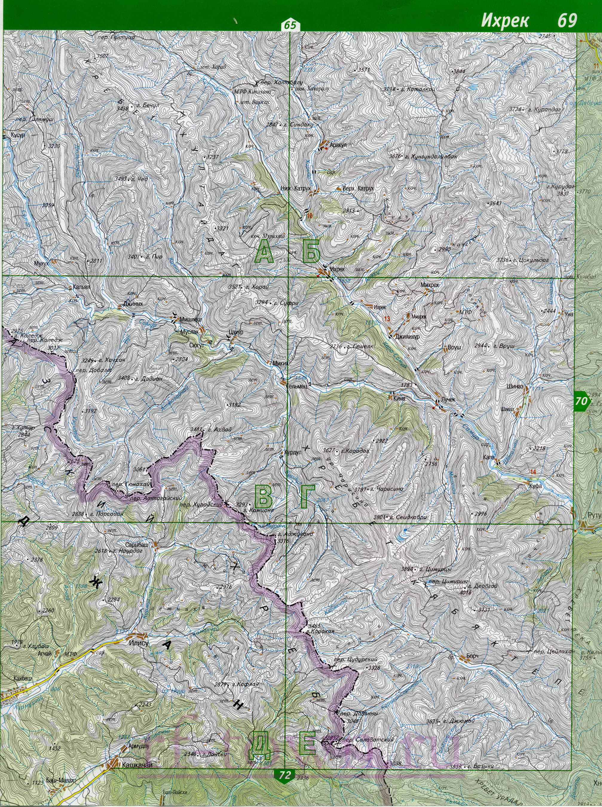 Карта Рутульского района Дагестана. Подробная топографическая карта Рутульский район, B0 - 