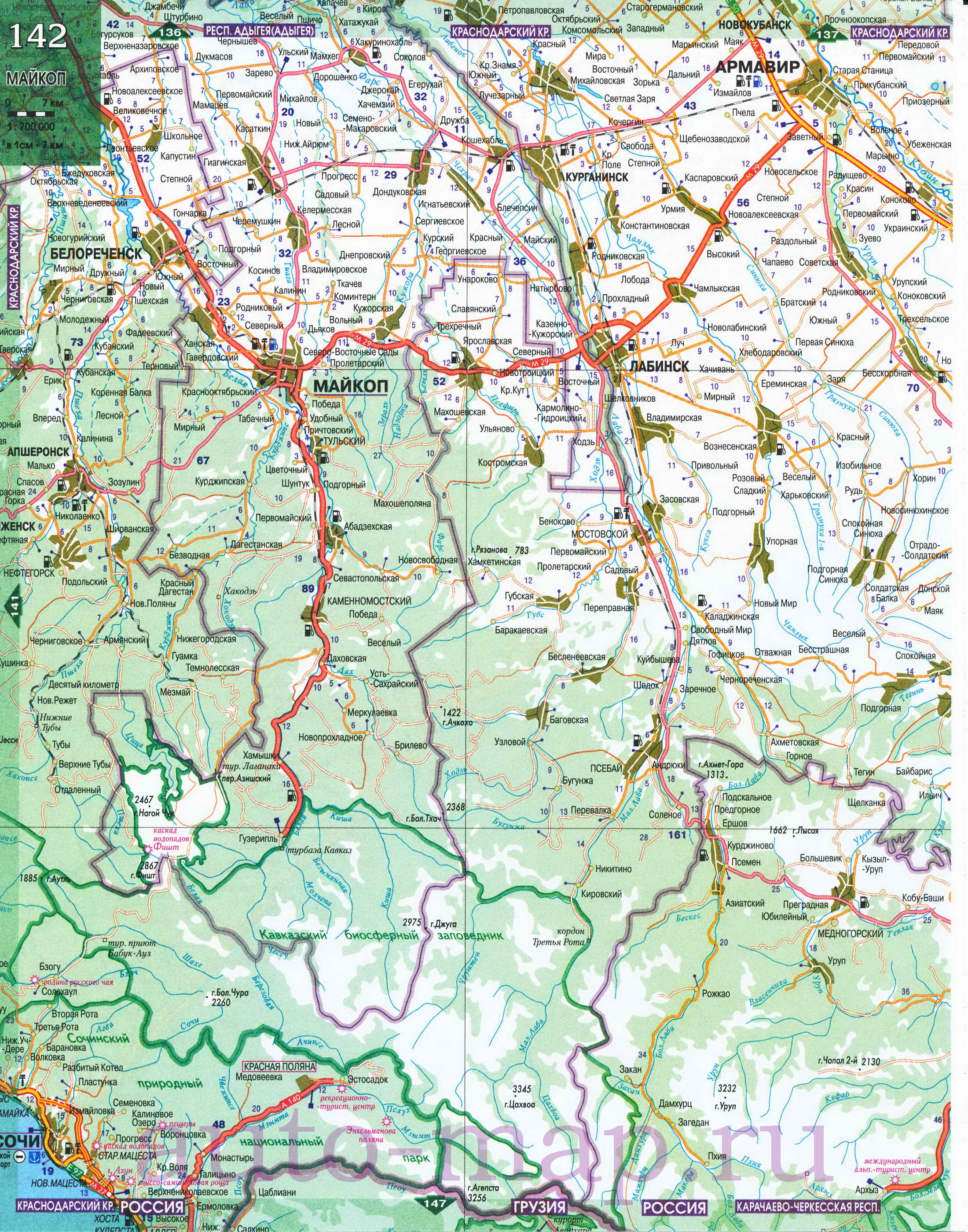 Карта Кавказа. Подробная карта Кавказа. Карта автомобильных дорог Кавказа