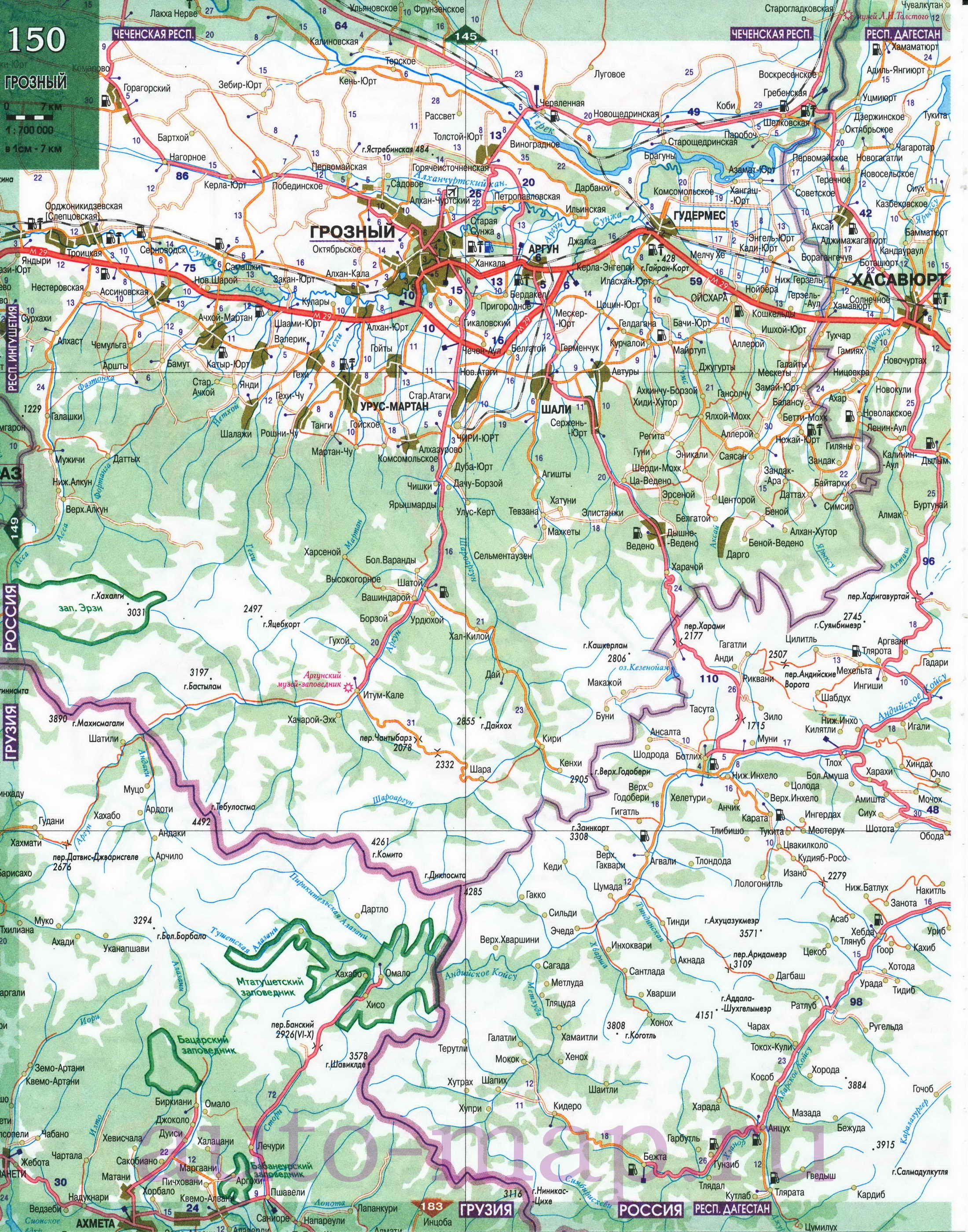  Карта Кавказа. Подробная карта Кавказа. Карта автомобильных дорог Кавказа, E1 - 